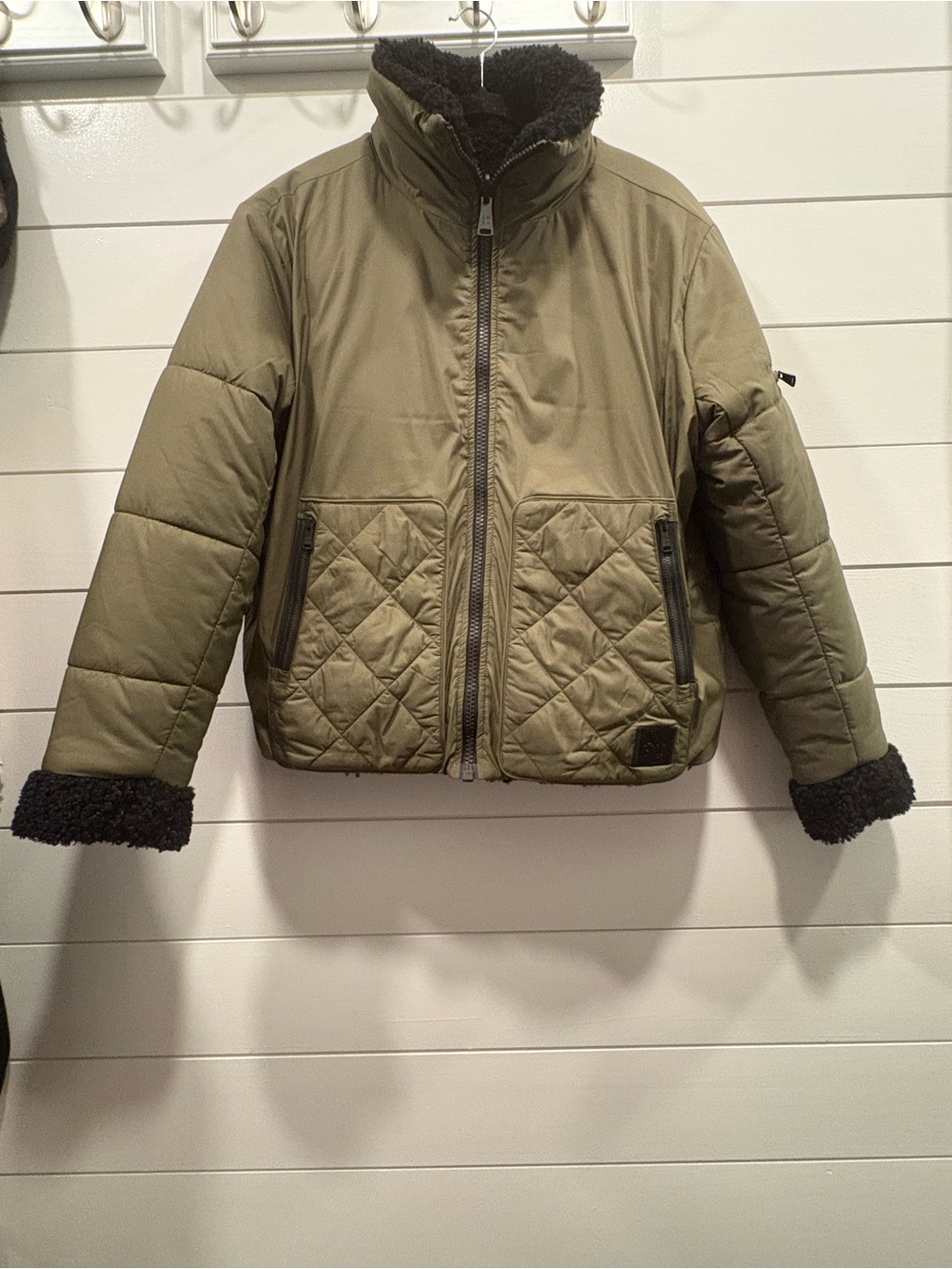 Women’s Quilted Bomber Jacket with Sherpa Trim - Olive